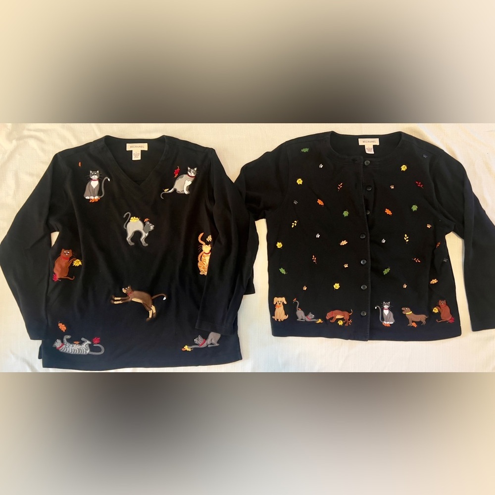 Bechamel Vintage Black Fall Cat V-Neck Top And Cardigan Set Size L